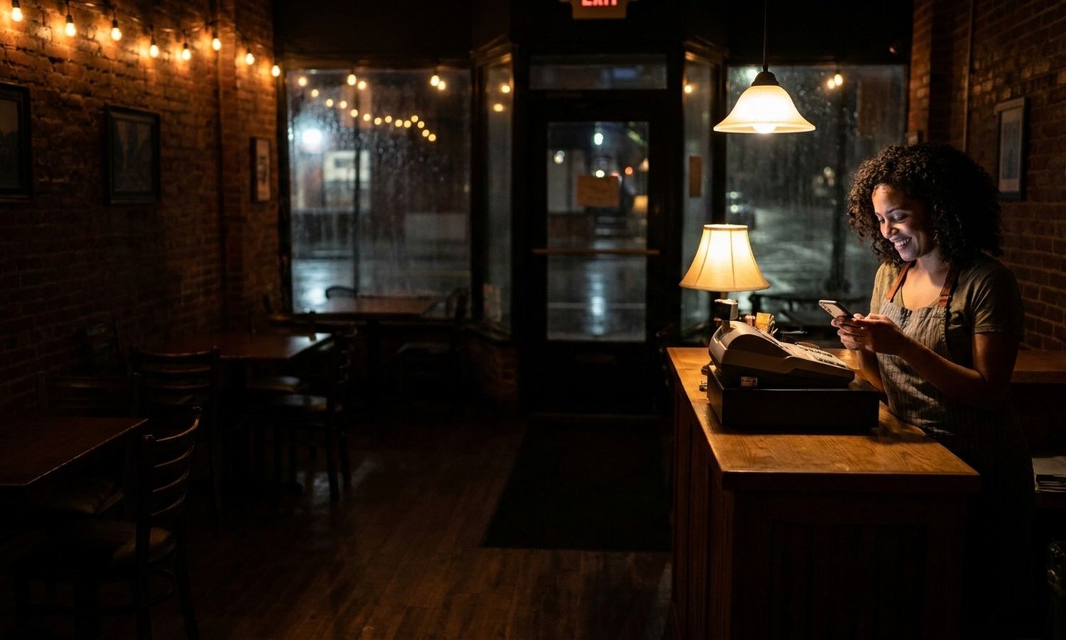 Una mujer revisa las cuentas del día en el mostrador de su restaurante, de noche