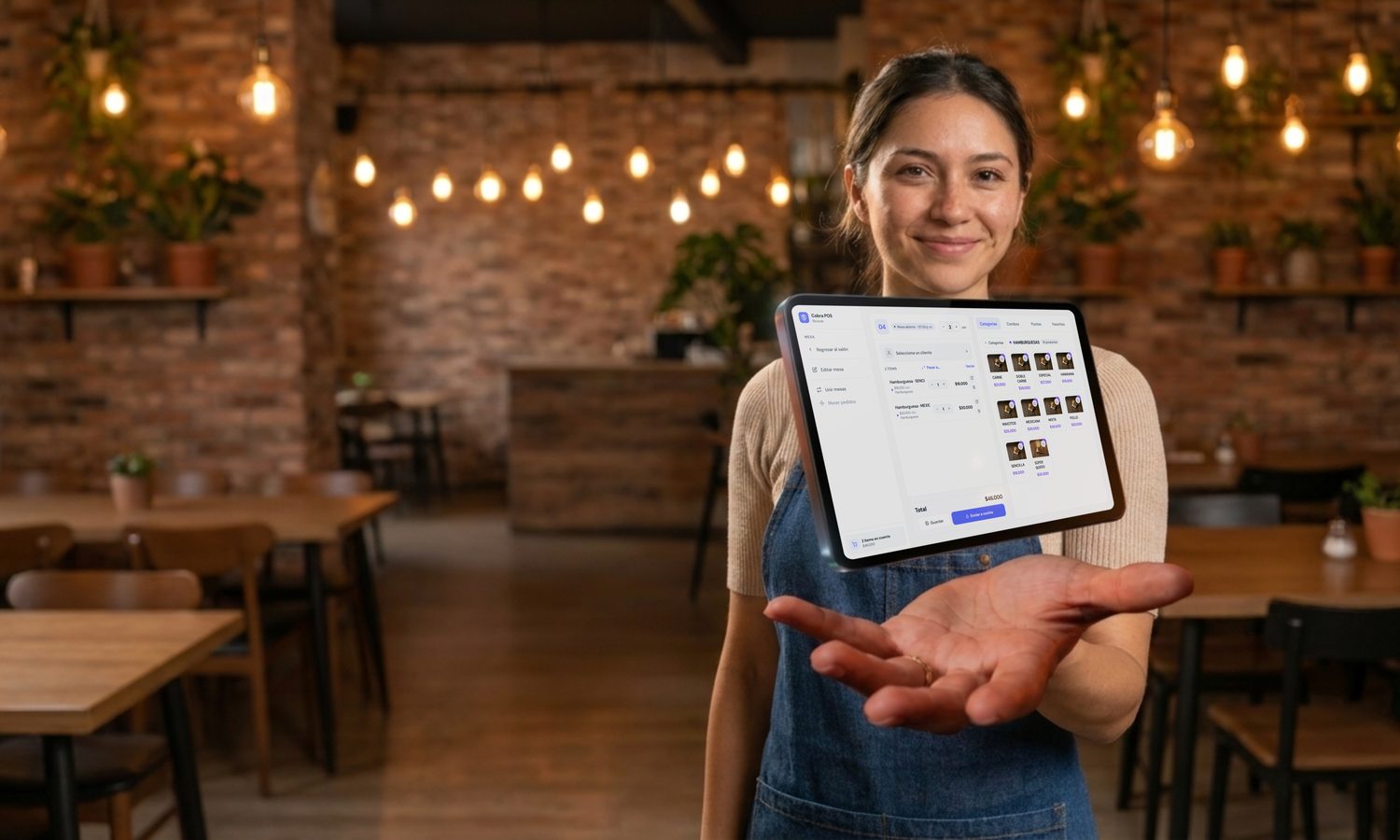 Una mesera muestra Cobra en una tablet
